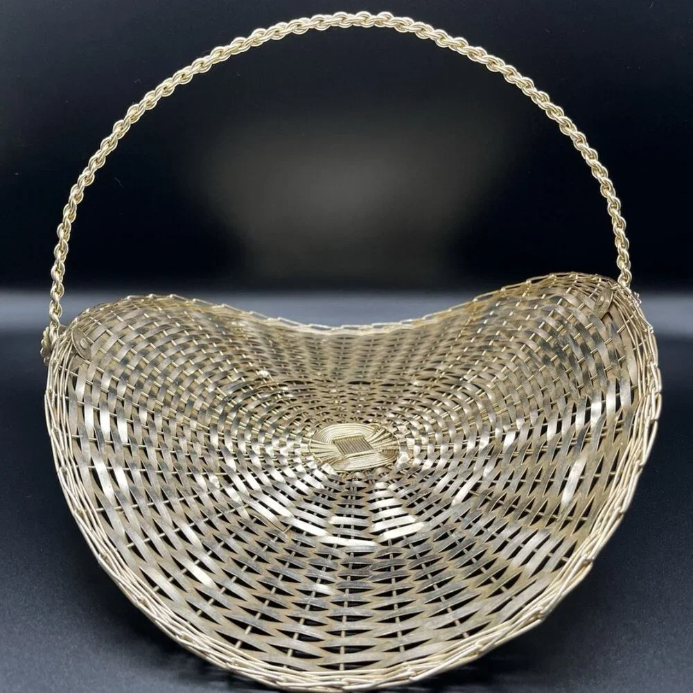 Vintage 60s Woven Metal Basket MCM Hollywood Regency Gold Tone Decorative Atomic